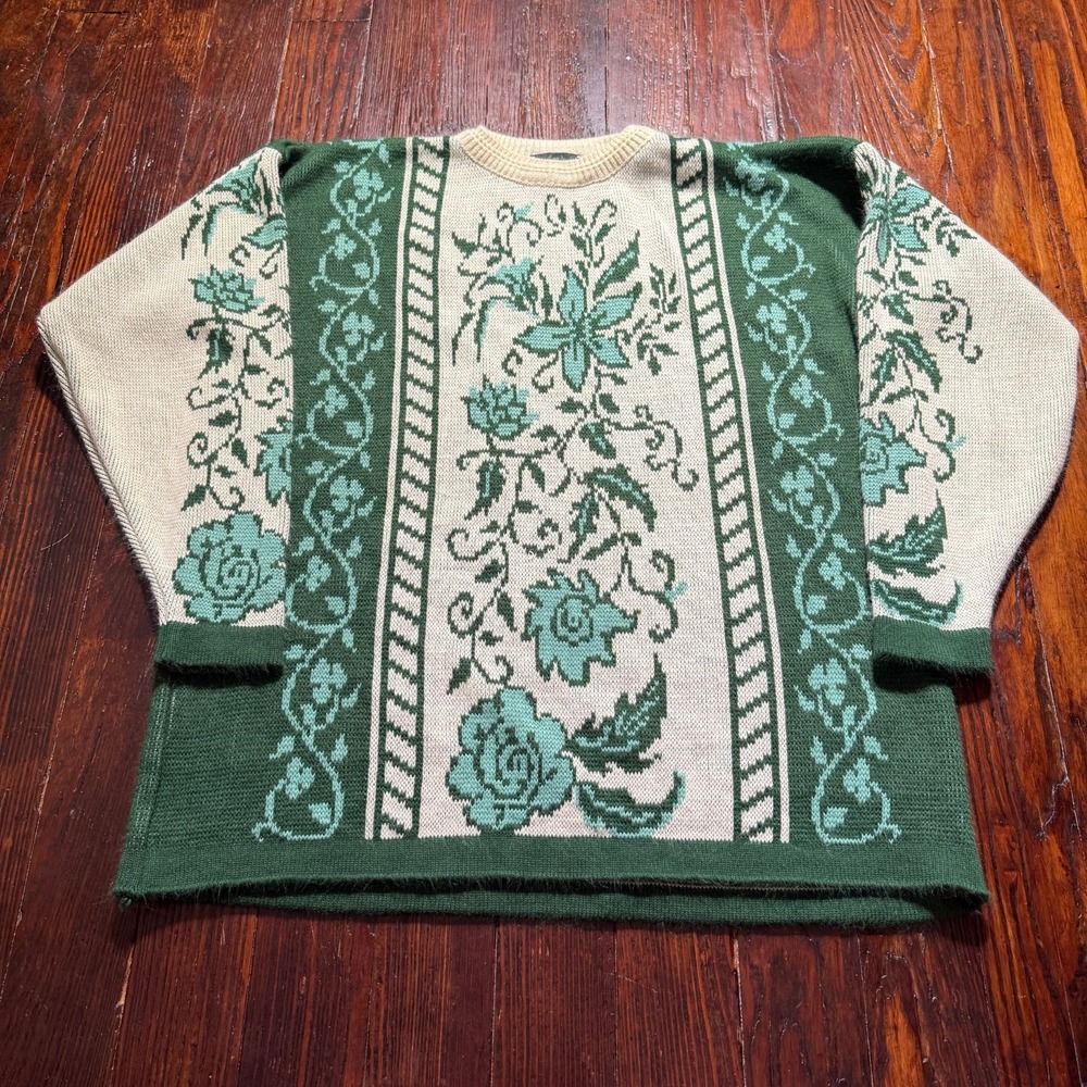 Emerald Isle Sweater Womens Large Floral Intarsia‎ Knit Made In Ireland Acrylic